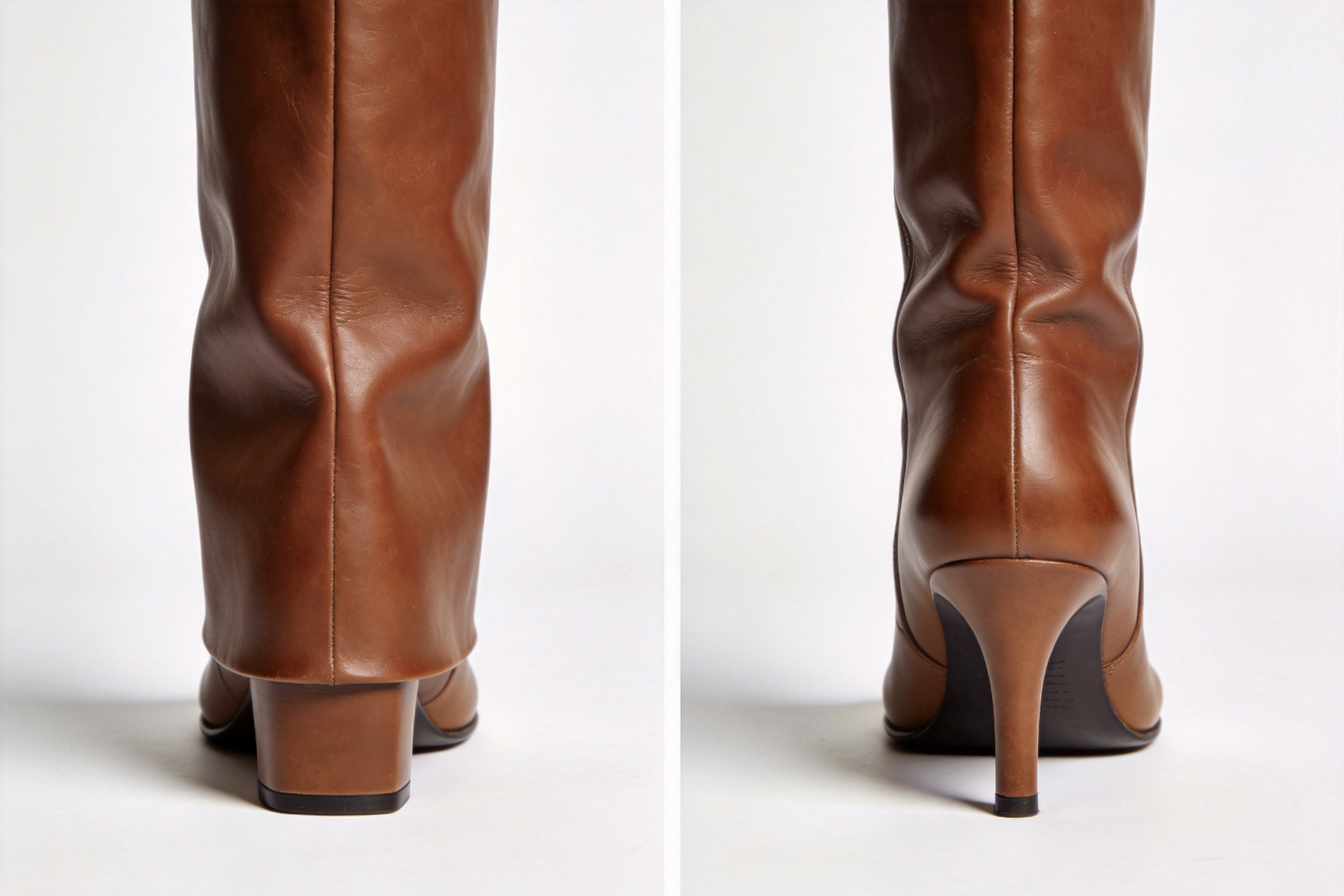 A side-by-side product comparison photograph on a clean white background showing the back view of two tall brown leather boots: on the left a tall boot with a wide loose unstructured straight-cut flat heel counter, on the right a similar tall boot with a narrow contoured anatomical heel counter that visibly curves inward to grip the heel