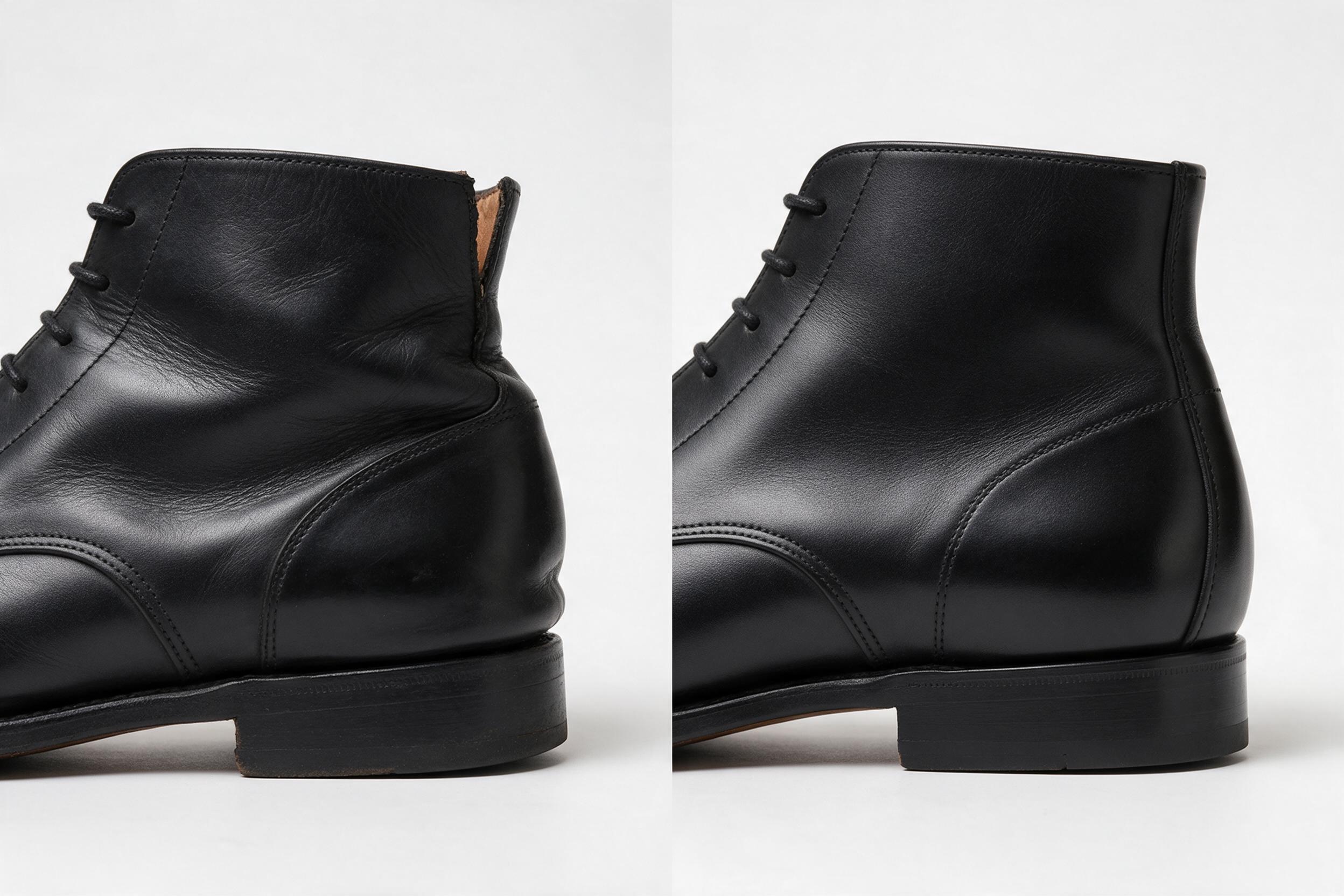 A side-by-side product comparison photograph on a clean white background: on the left a black leather ankle boot shown from the side with visible gap at the heel collar showing the boot is too loose and pre-stretched (mass-market defect), on the right a similar black leather ankle boot with snug fitted heel collar hugging the heel shape with no gap (handmade quality anatomical construction)