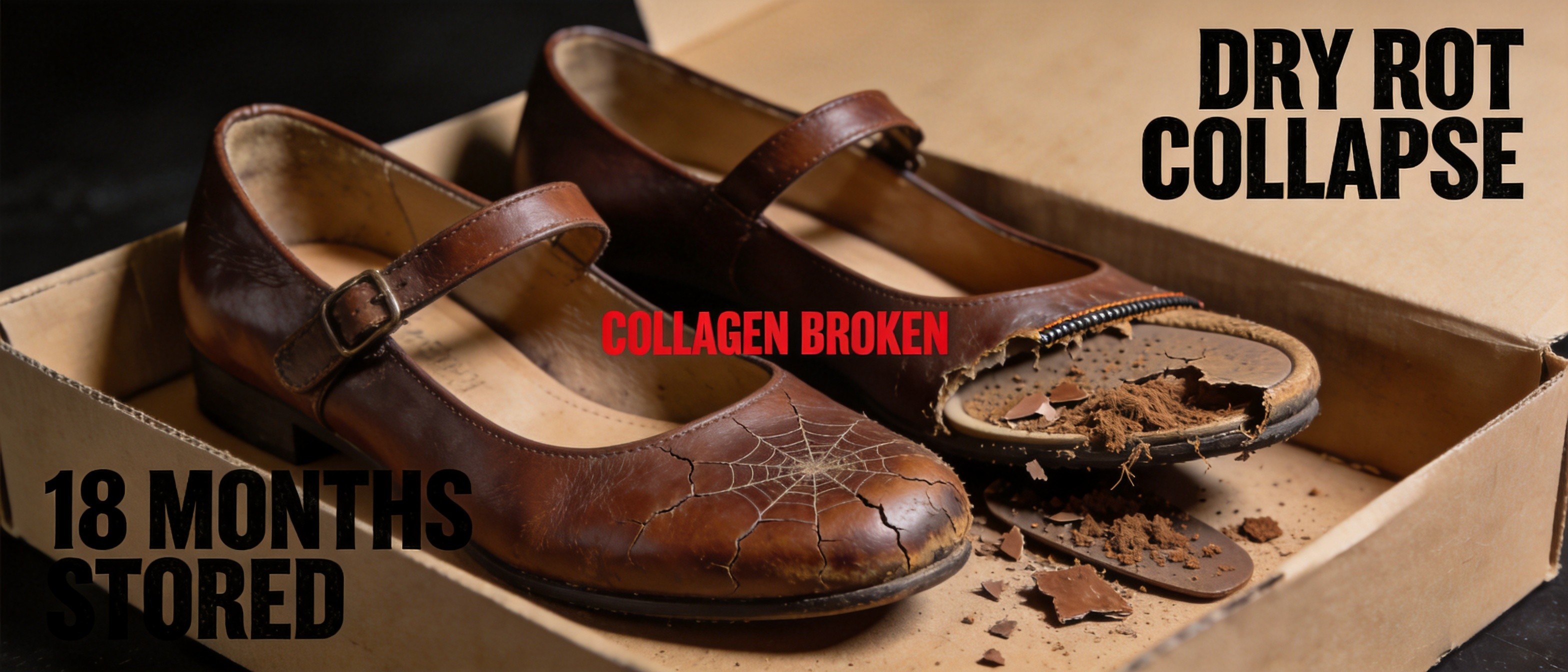 A pair of women's tan leather Mary Jane shoes stored in a cardboard box for 18 months, one shoe lifted to reveal the sole connection crumbling into powder, dried-out cracked leather with visible spider-web cracking pattern on the toe box, the insole board crumbled into brown cellulose fragments, the welt seam peeling apart, dramatic labels 'DRY ROT COLLAPSE' '18 MONTHS STORED' 'COLLAGEN BROKEN'