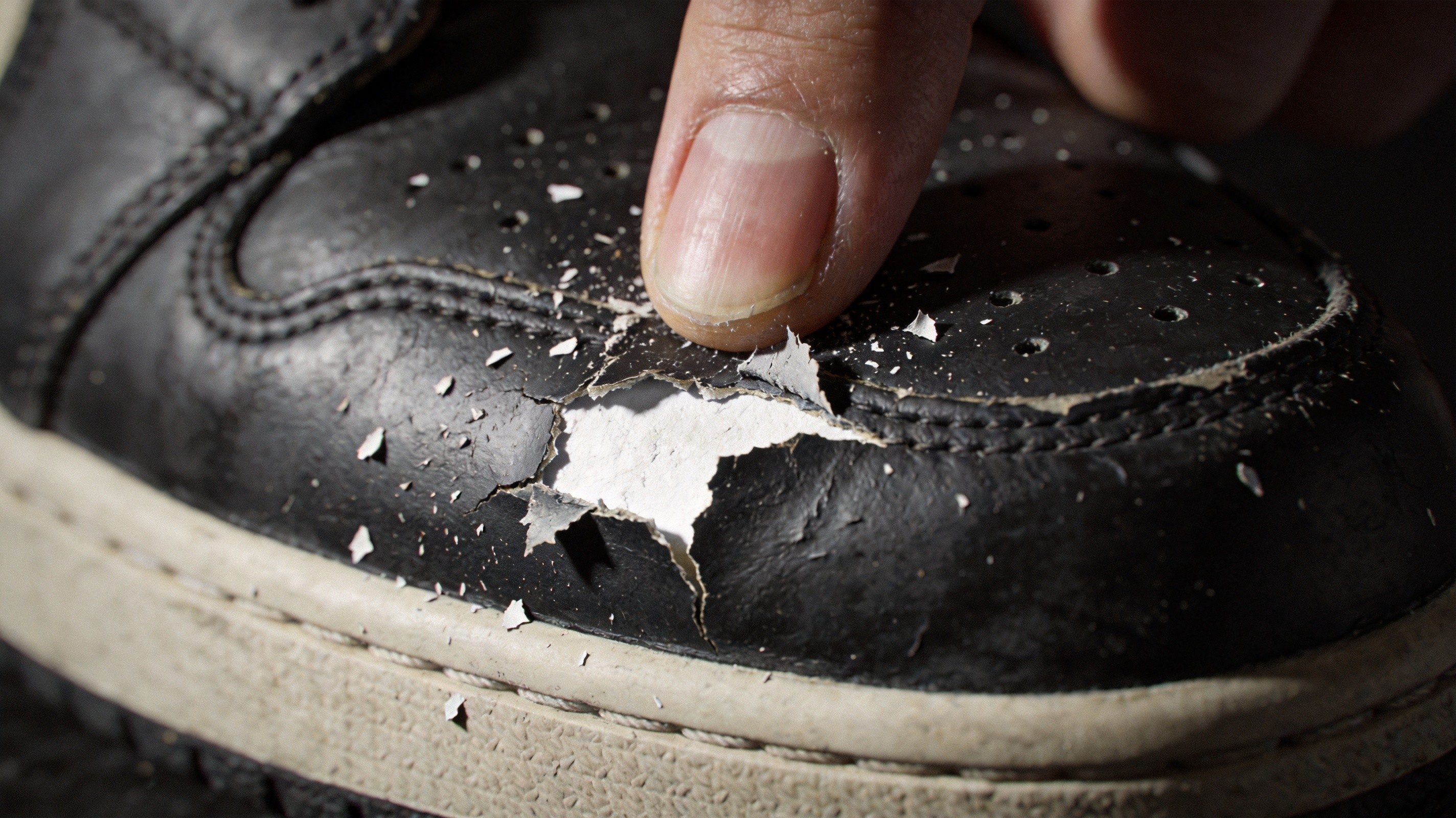 Macro photograph of a finger peeling off the pigmented surface coating from a black leather shoe revealing the brittle cracked surface layer and darker chrome-tanned leather underneath after 60 wears