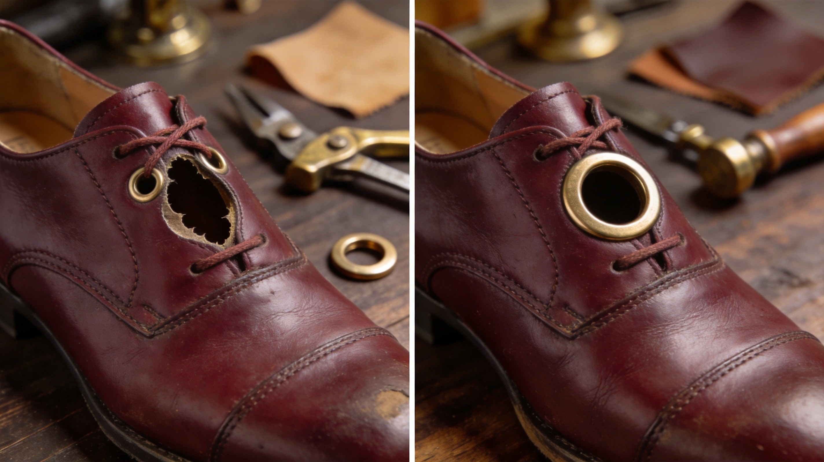 A side-by-side detailed product comparison photograph on a dark walnut workbench, on the left a women's burgundy leather oxford shoe eyelet area showing visible stretched oval lace hole with brass grommet lifted off the surface after a few months of wear, on the right an identical burgundy leather oxford shoe eyelet area showing pristine round lace hole with brass grommet seated flush against the smooth leather surface after the same wear period, illustrating the dramatic difference between a thin-upper single-ring grommet that stretches and a thick-upper double-ring grommet with reinforcement tape that holds its shape, vintage brass shoemaker's tools and leather swatches in soft background bokeh