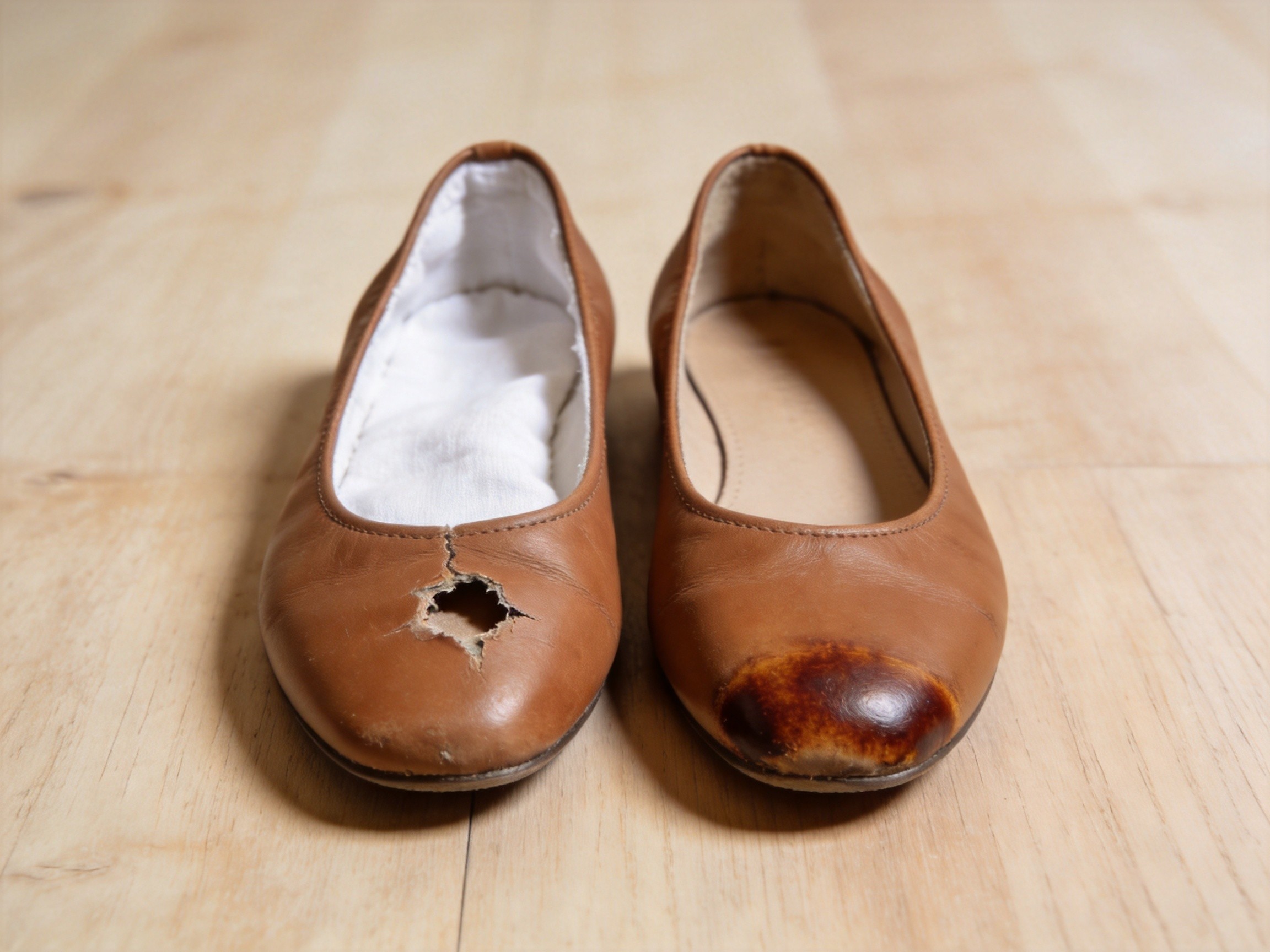 Side-by-side comparison of two pairs of brown leather ballet flats after three months of daily wear, the left pair with thin 0.5mm chrome-tan corrected-grain upper showing a ragged hole worn through the toe box at the flex crease, and the right pair with 1.0mm vegetable-tanned full-grain upper plus cellulose toe-puff reinforcement showing an intact toe box with only a natural patina developing at the wear points