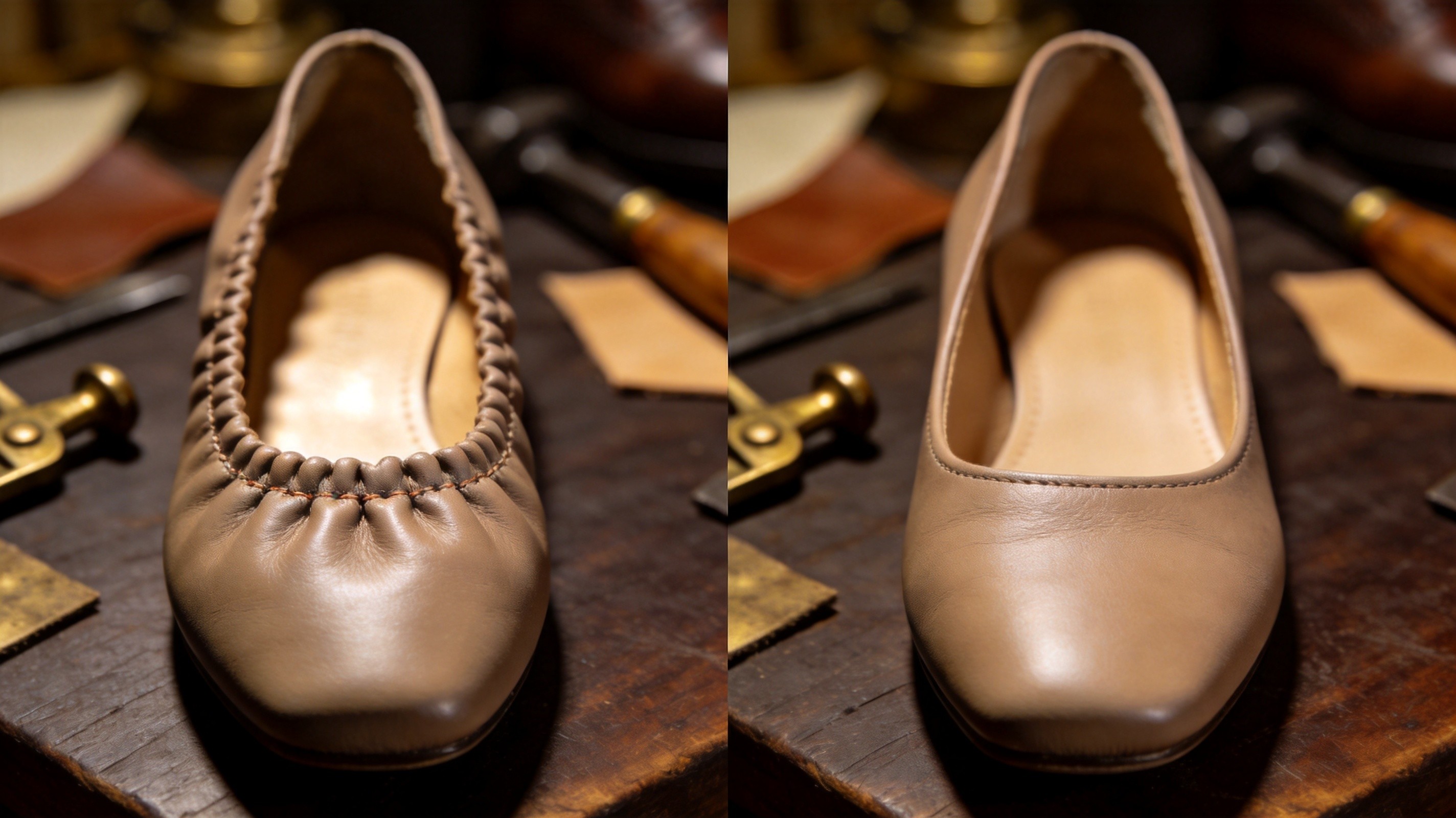 A side-by-side detailed product comparison photograph on a dark walnut workbench, on the left a taupe leather ballet flat showing visible bumpy raised seam line on the vamp where the internal stitching thickness creates an unsightly ridge that catches the light, on the right an identical taupe ballet flat with smooth seamless vamp showing flat grain surface without any visible seam ridge, illustrating the dramatic difference between a poorly-skived vamp seam that shows through and a properly-skived invisible seam construction, vintage brass shoemaker's tools and leather swatches in soft background bokeh