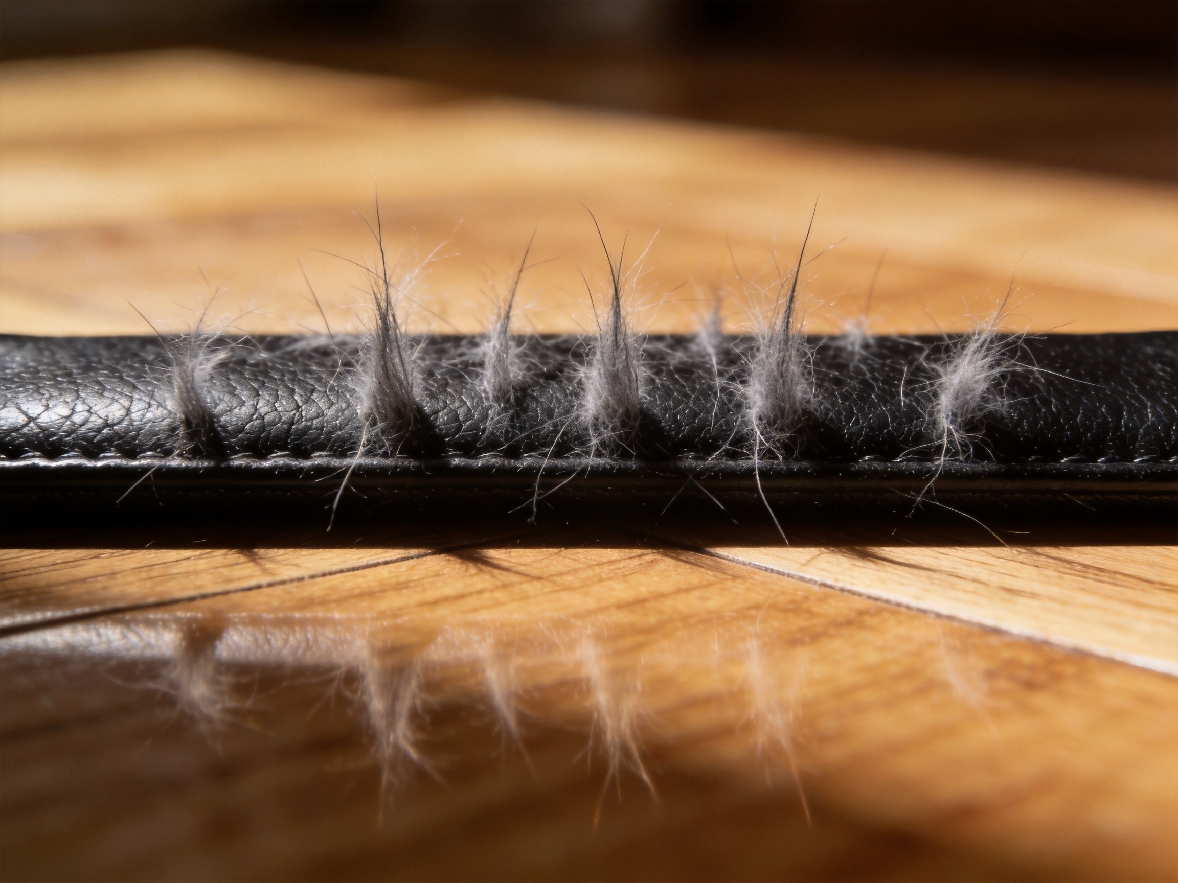 An extreme close-up macro photograph of the edge of a black leather shoe surface with several grey pet hairs standing straight up perpendicular to the leather showing electrostatic attraction