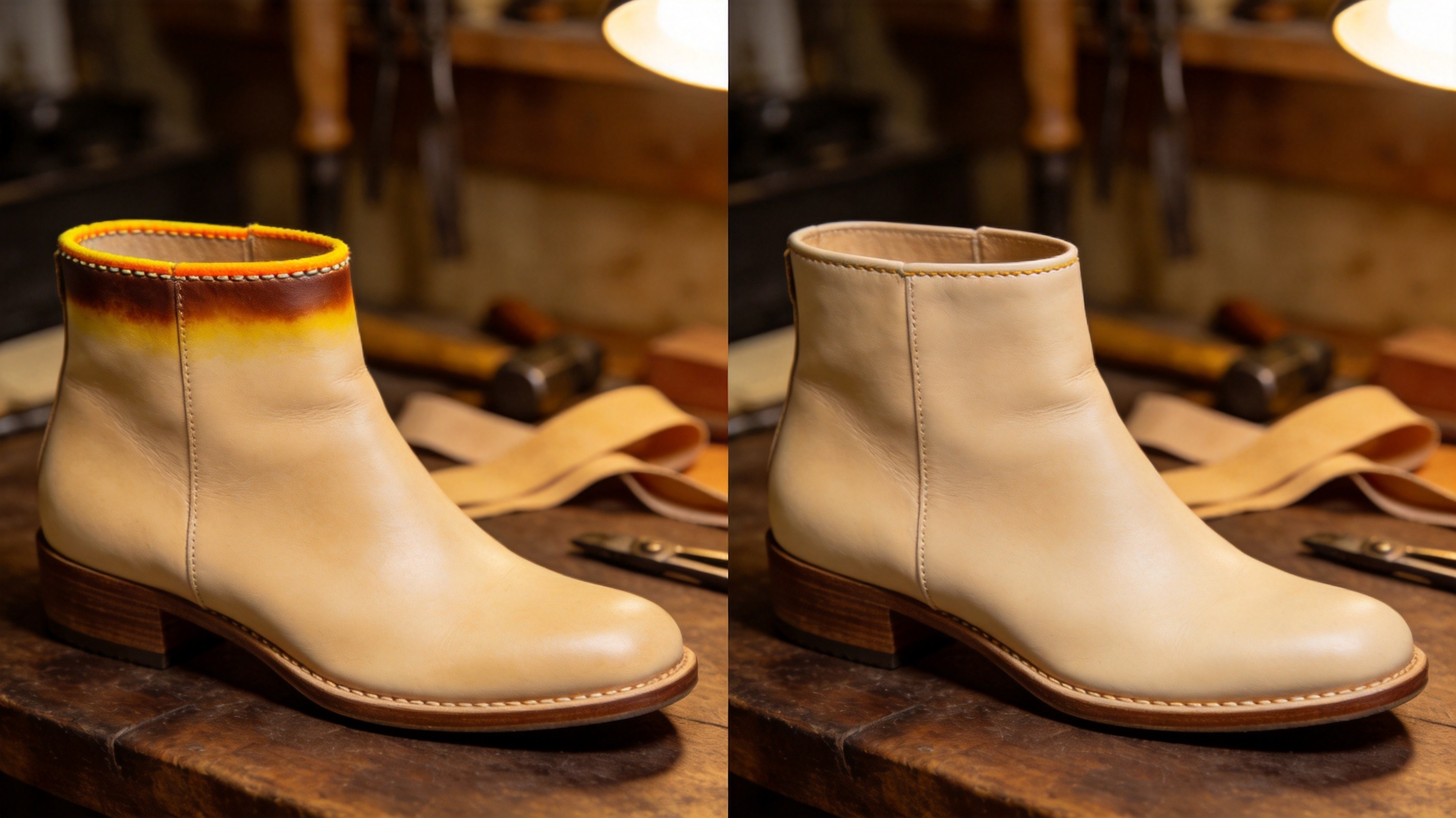 A detailed side-by-side product comparison photograph on a dark walnut workbench, on the left a women's cream-tan leather ankle boot welt junction showing a brown-yellow discoloration halo 6-8 mm wide creeping up from the welt junction into the cream-tan upper, the welt edge face visibly yellow-orange and milky-cloudy from sweat-lipid absorption and oxidation, on the right an identical women's cream-tan leather ankle boot with a clean crisp welt junction at 24 months of wear with no brown halo, the chrome-tan welt strip with 4-6 μm + 2-coat primer edge-paint and 0.6-1.0 mm acrylic edge-seal top-coat, vintage cobbler's tools and welt strips in soft background bokeh, warm amber tungsten workshop lighting