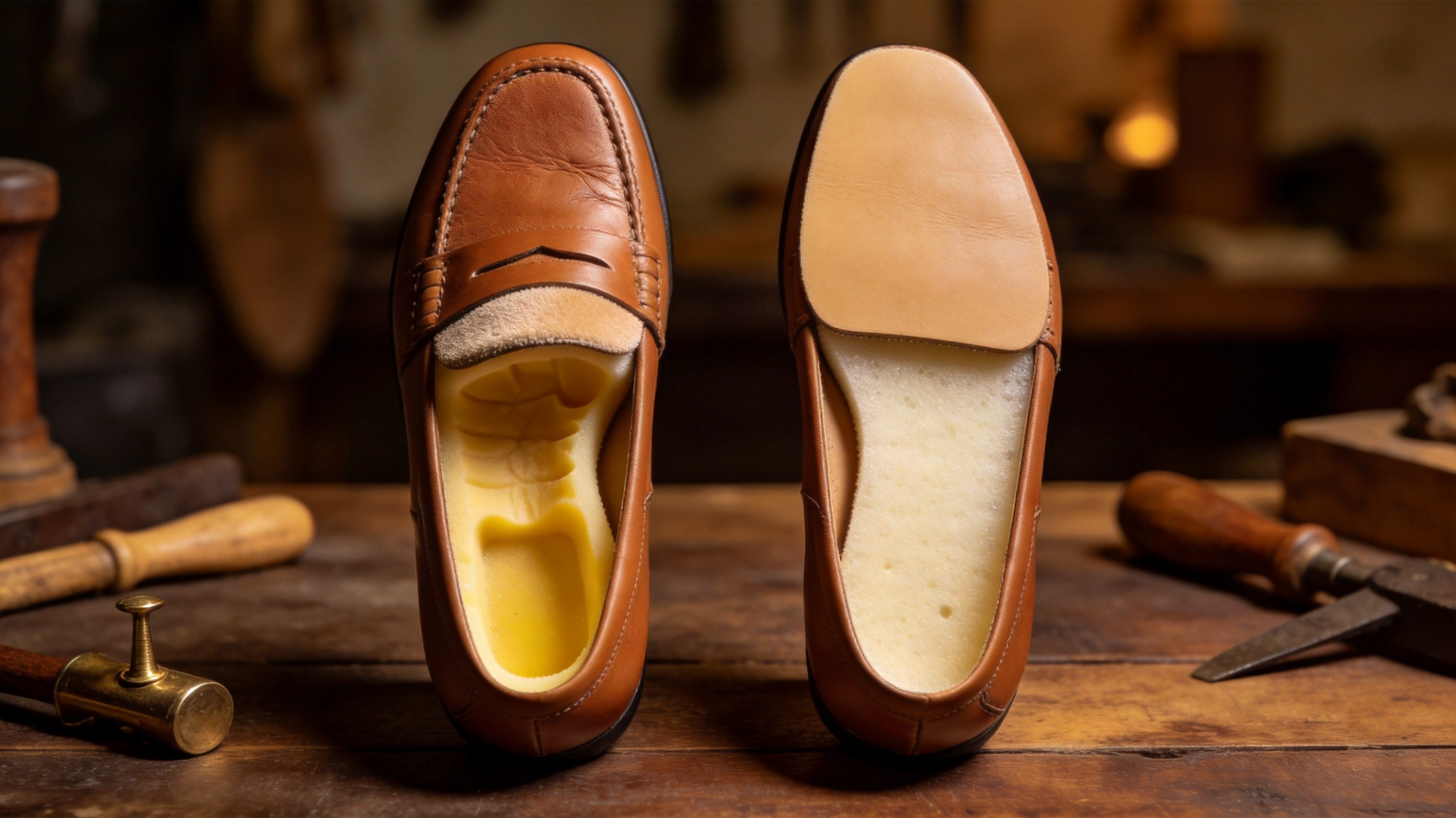 A detailed side-by-side product comparison photograph on a dark walnut workbench, on the left a women's cognac leather loafer turned upside-down showing a deep foot-shaped compression dent 6-8 mm deep at the heel pocket and ball-of-foot zones with the synthetic microfiber top cover visibly delaminated at the toe break line exposing yellowed PU-foam body underneath, on the right an identical women's cognac leather loafer turned upside-down showing a pristine flat footbed at 24 months of wear with a chrome-free vegetable-tanned full-grain leather top cover with reinforced edge band and intact hot-melt adhesive bond, vintage cobbler's tools and brass tack puller in soft background bokeh, warm amber tungsten workshop lighting
