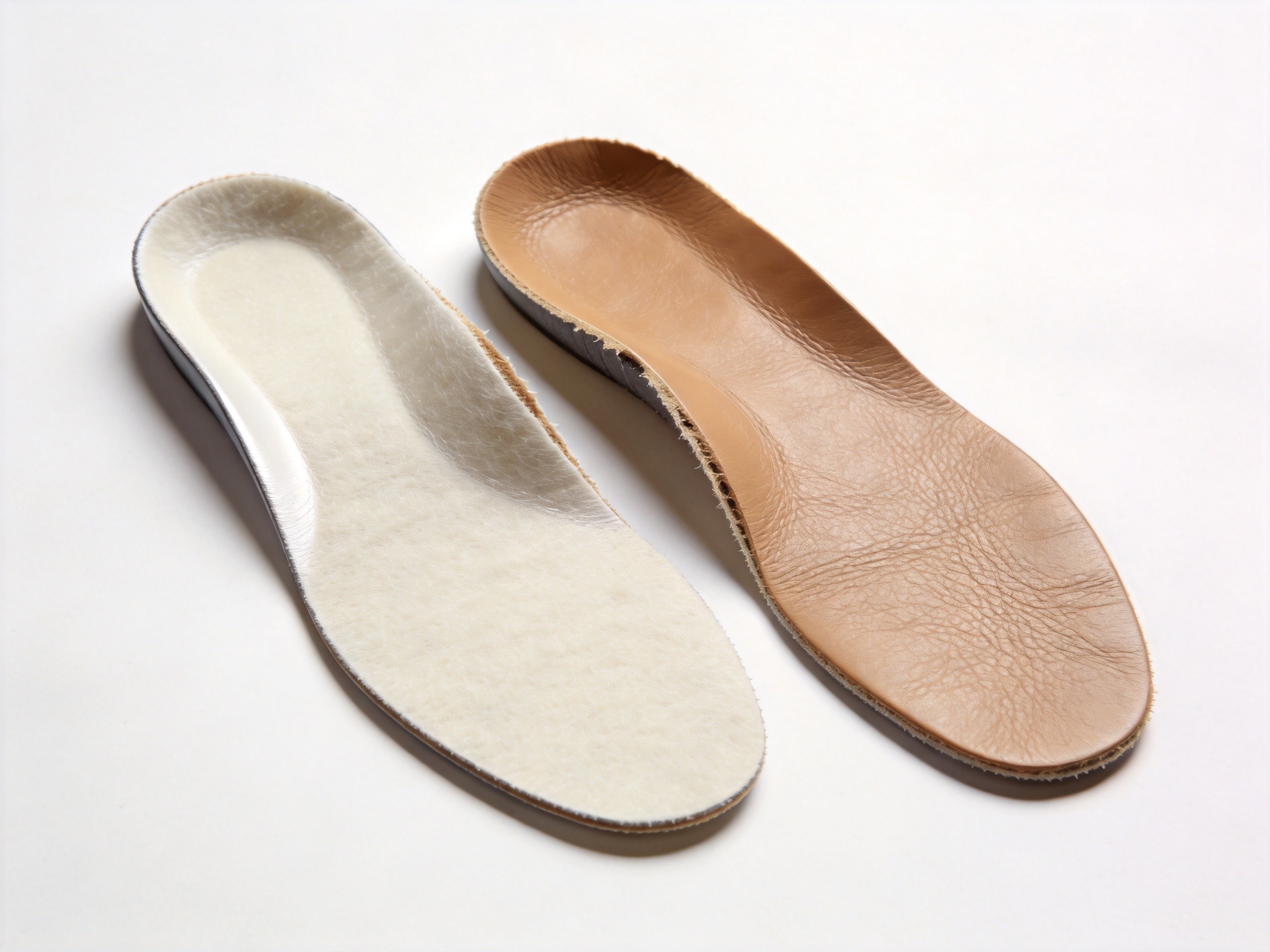 Side-by-side comparison of two shoe insoles, one with smooth PU synthetic microfiber top layer and one with textured vegetable-tanned full-grain leather grain surface, showing the surface friction coefficient difference that determines whether feet slide forward in summer shoes