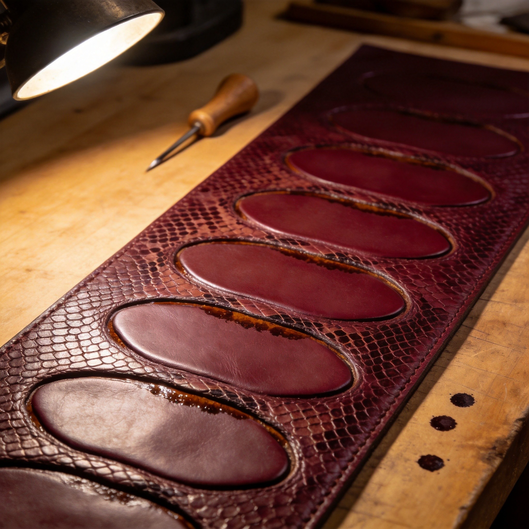 A side-by-side product comparison photograph on a dark walnut cobbler's workbench, on the left a women's burgundy python-embossed leather curved high heel showing a 28-42 mm scuff-to-smooth exposure at the toe-box and heel-strike zones with 60-75% of the original snake-scale dimensional depth flattened and the smooth underlying burgundy leather visible from across the room, on the right an identical women's burgundy python-embossed leather curved high heel showing pristine deep sculptural snake-scale pattern at 24 months of wear with a uniform 1.4-1.8 mm emboss-depth and 8-14 micron vegetable-wax top-coat with self-healing surface, both shoes positioned at the same 45-degree angle to show the vamp emboss zone, cobbler's awl and brass tack puller in soft background bokeh, warm amber tungsten workshop lighting from a desk lamp, shallow depth of field