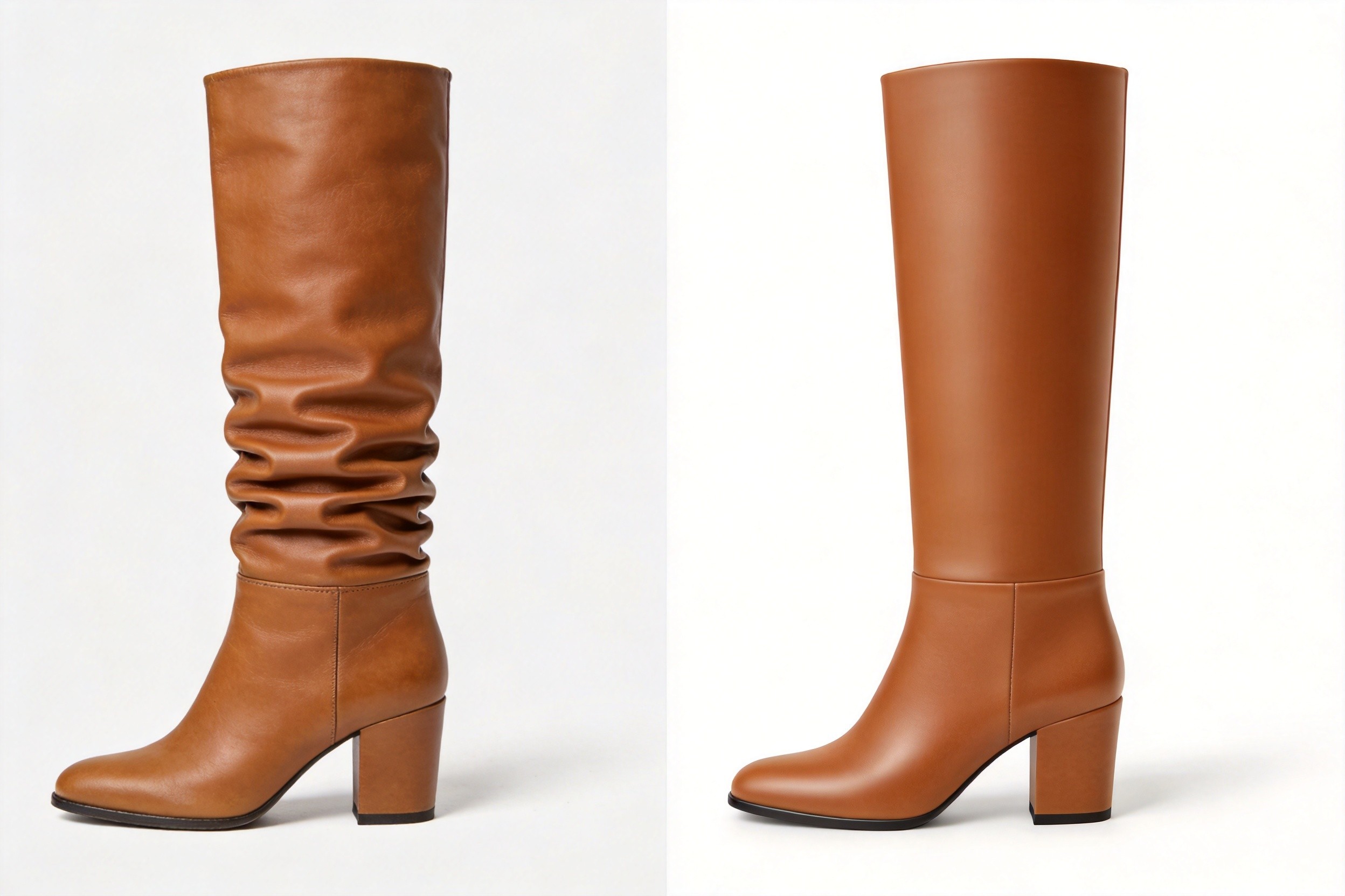 A side-by-side product comparison photograph on a clean white background: on the left a tall caramel-tan leather boot side view showing two deep horizontal permanent creases and wrinkled ridges at the ankle bend point where the leather has folded inward, on the right a similar tall caramel-tan leather boot with a perfectly smooth unbroken ankle shaft area no horizontal creases no wrinkles